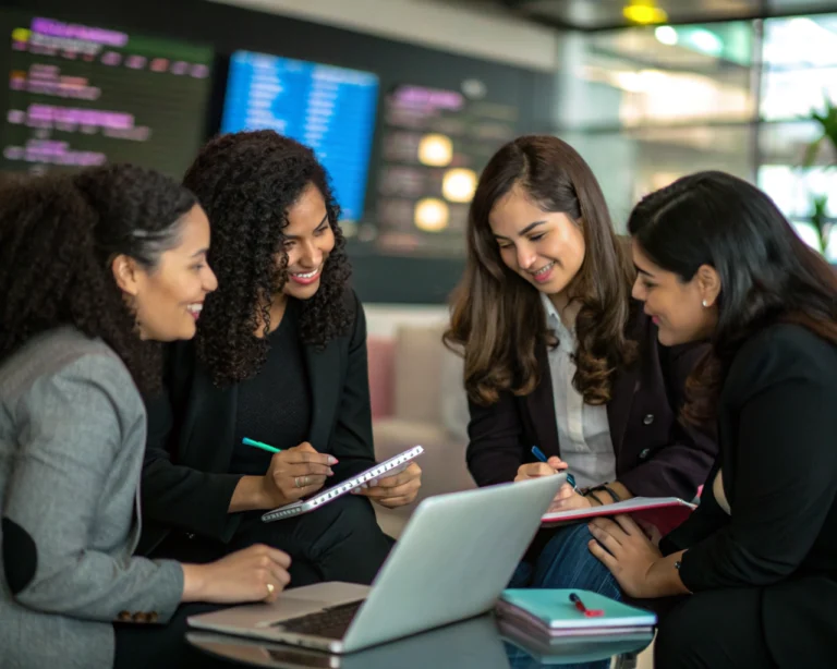 Grupo de mujeres no identificables en ropa profesional, reunidas alrededor de una laptop y libretas, conversando y apoyándose en un espacio de trabajo moderno con luz natural y detalles tecnológicos al fondo desenfocado, mostrando empoderamiento y colaboración.