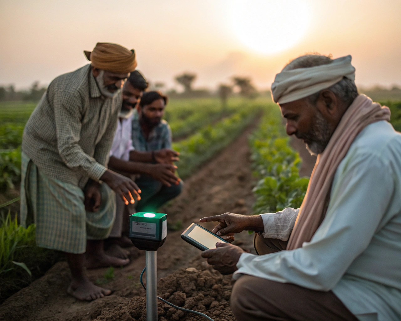 Agricultores rurales con ropas tradicionales rodean un sensor digital brillante en un campo agrícola al amanecer. Las manos desgastadas y la tierra terrosa dominan el primer plano, mientras que las caras de los agricultores, difusas en el fondo, observan la tecnología con interés.