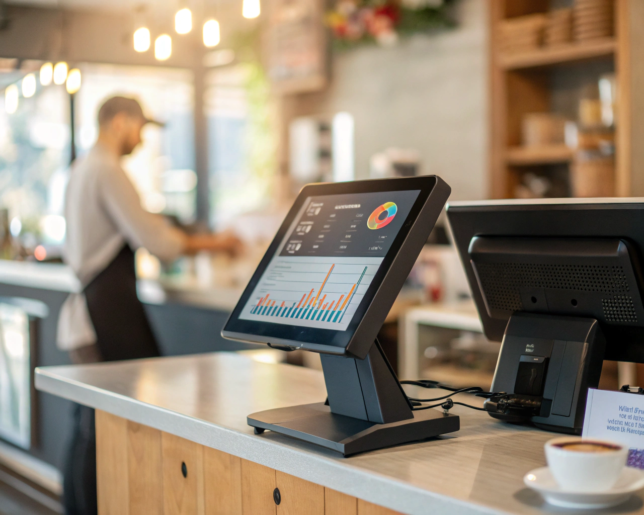 Terminal de punto de venta compacto y moderno con pantalla táctil mostrando gráficos de ventas, sobre el mostrador de una tienda pequeña en Panamá. El fondo es borroso, resaltando el dispositivo de materiales brillantes y un sutil patrón digital iluminado en el marco.