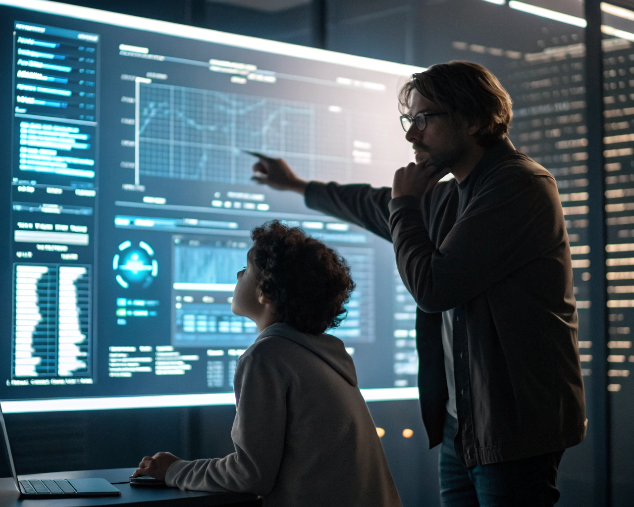Mentor genérico guiando a un joven estudiante frente a una pantalla digital con algoritmos de inteligencia artificial y visualizaciones de datos, en un entorno tecnológico moderno con iluminación atmosférica y ambiente inspirador.