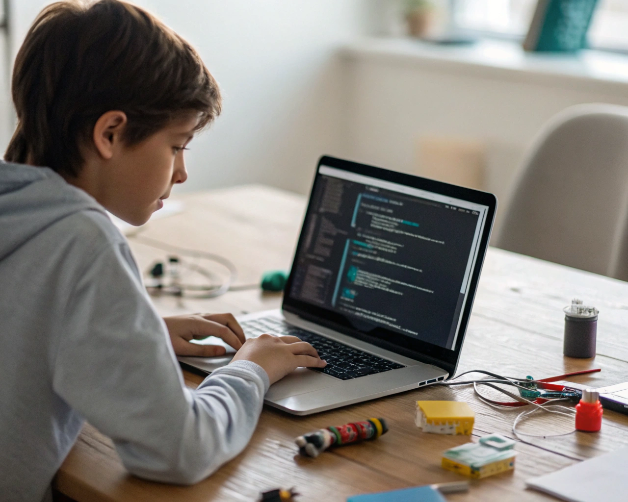 Joven concentrado trabajando en su laptop con código de IA en pantalla, rodeado de gadgets tecnológicos y materiales STEM en un escritorio ordenado. Al fondo, un mentor desenfocado brinda apoyo en un ambiente iluminado suavemente.