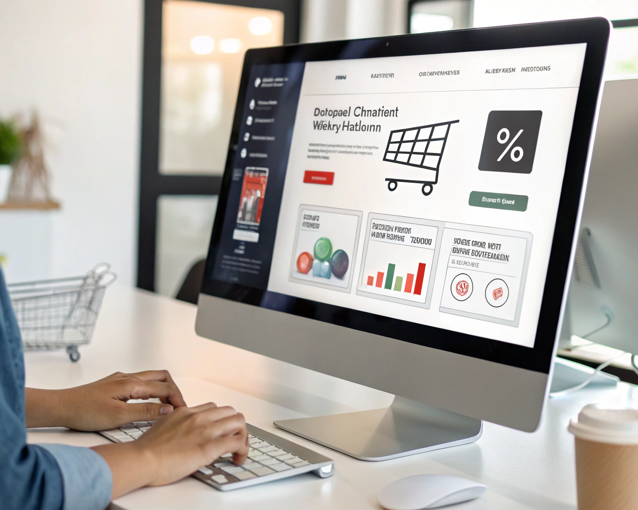 Primerísimo plano de un monitor que muestra una interfaz brillante y nítida de un sitio web moderno de e-commerce, con imágenes de productos y zona de pago completamente cargadas. En el fondo, una oficina minimalista con gráficos de análisis digital apenas visibles. Manos genéricas usan el mouse, transmitiendo rapidez. Íconos brillantes refuerzan el concepto de velocidad, todo en un ambiente limpio, sin rostros o identificadores personales.