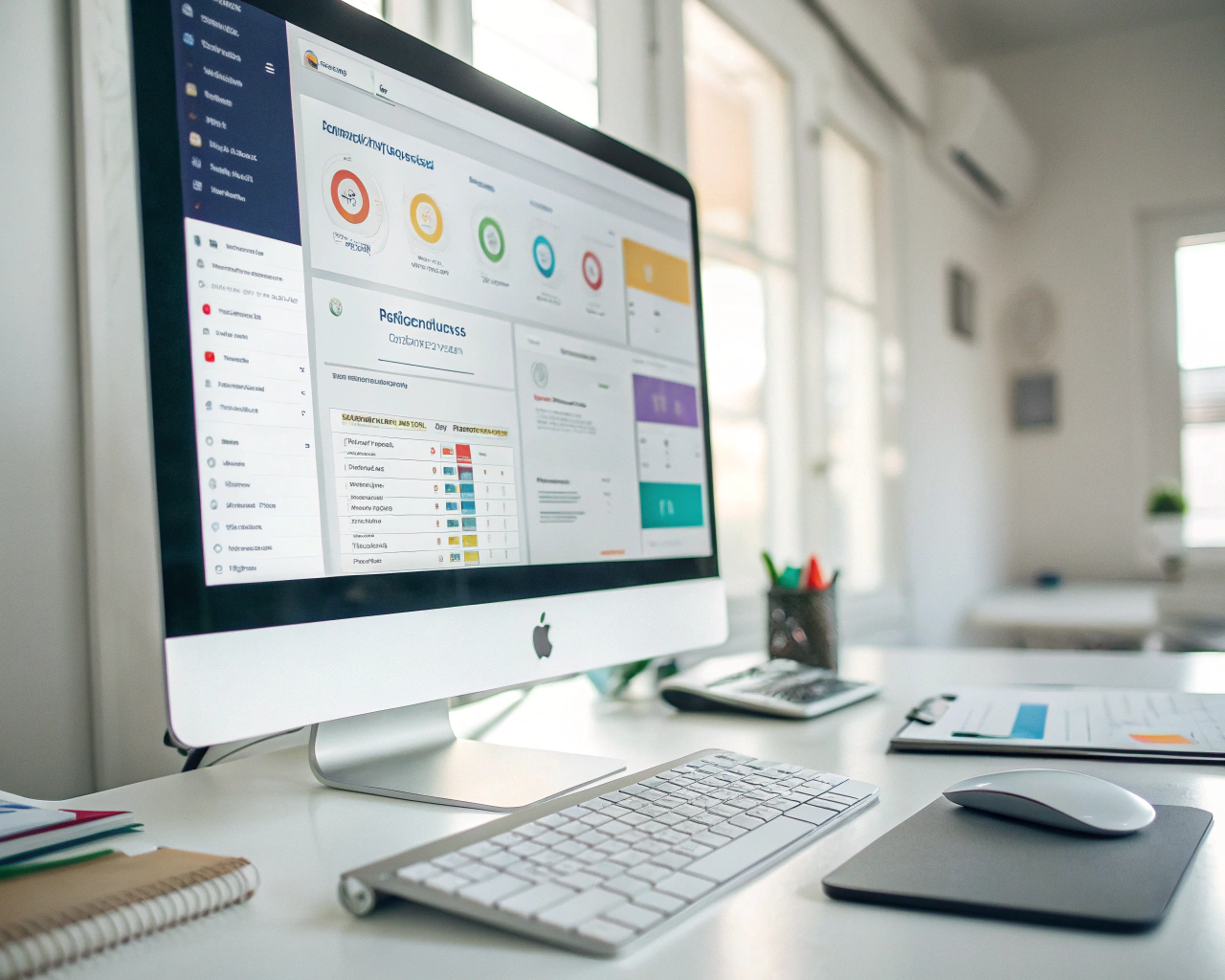 Espacio de oficina moderno con un escritorio limpio y organizado. En el centro, una pantalla de computadora muestra un tablero de software empresarial con gráficos coloridos y listas de inventario. Destacan el teclado brillante, mouse y varios accesorios de oficina; fondo desenfocado y luz suave que resalta el orden y la eficiencia.
