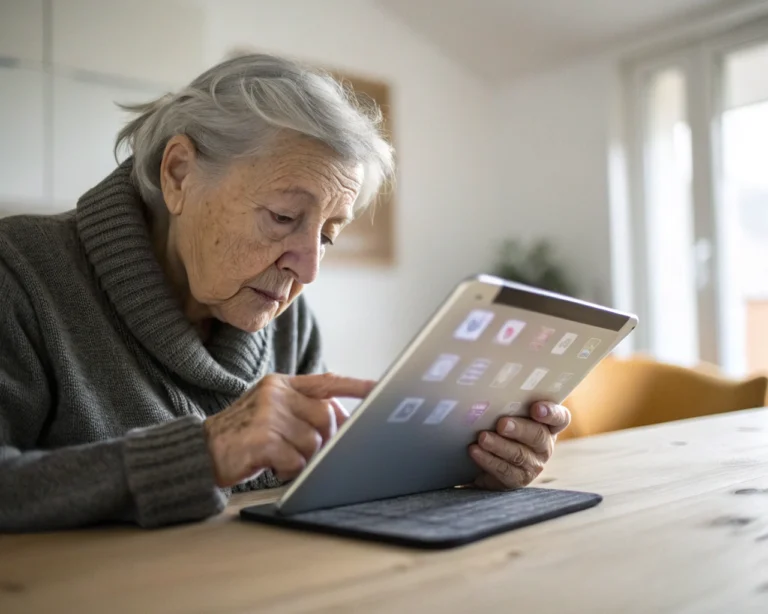 Persona mayor genérica usando una tablet moderna con íconos grandes, enfocada en sus manos y rostro mientras navega, en una habitación sencilla iluminada con luz suave, fondo desenfocado.