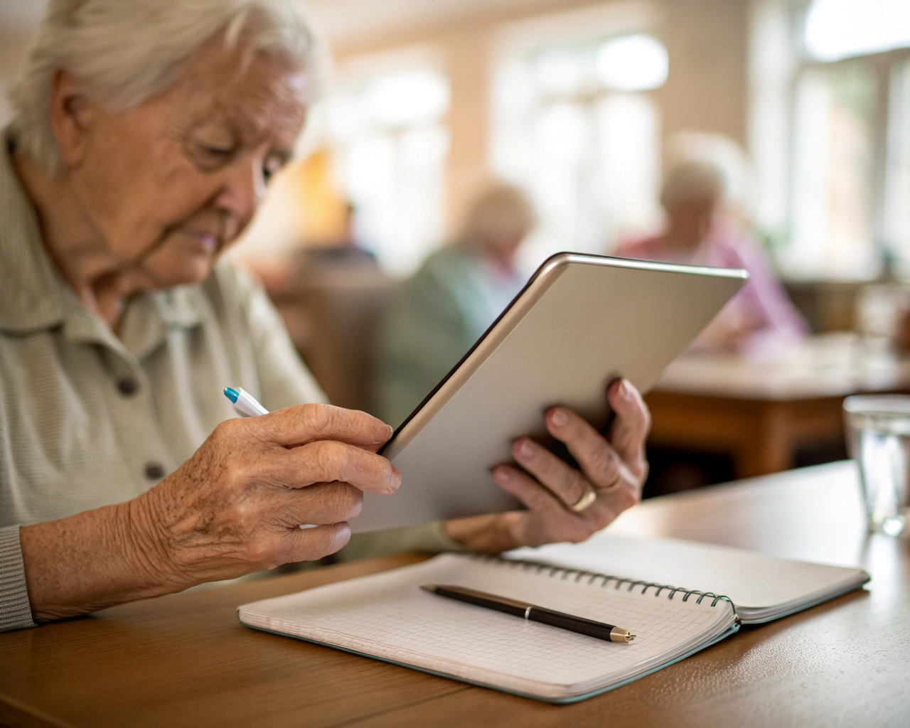 Persona mayor anónima usando con concentración una tablet en una sala iluminada suavemente; en primer plano se destacan sus manos detalladas, la tablet y un cuaderno con bolígrafo, representando el aprendizaje permanente, con el fondo desenfocado.