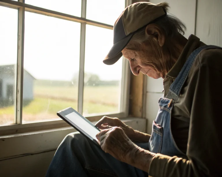 Primer plano de manos arrugadas de una persona mayor usando una tableta táctil en un entorno rural iluminado por luz natural, destacando la conexión entre tecnología y tercera edad.