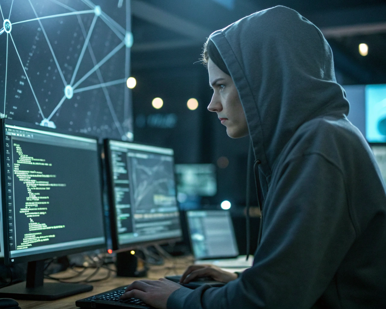 Persona joven con sudadera trabajando intensamente en una computadora rodeada de gráficos de seguridad digital y código, en un espacio moderno iluminado por el brillo de las pantallas; se observan detalles de teclado, cables y nodos de red, transmitiendo enfoque, colaboración y aspiración.