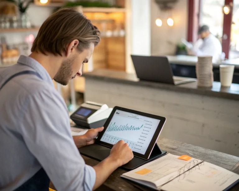 Propietario de un pequeño negocio gestiona operaciones usando una tablet en un escritorio moderno con computadora portátil y recibos cerca, mientras revisa gráficos financieros digitales. El fondo muestra una oficina o tienda desenfocada y ordenada bajo luz natural.