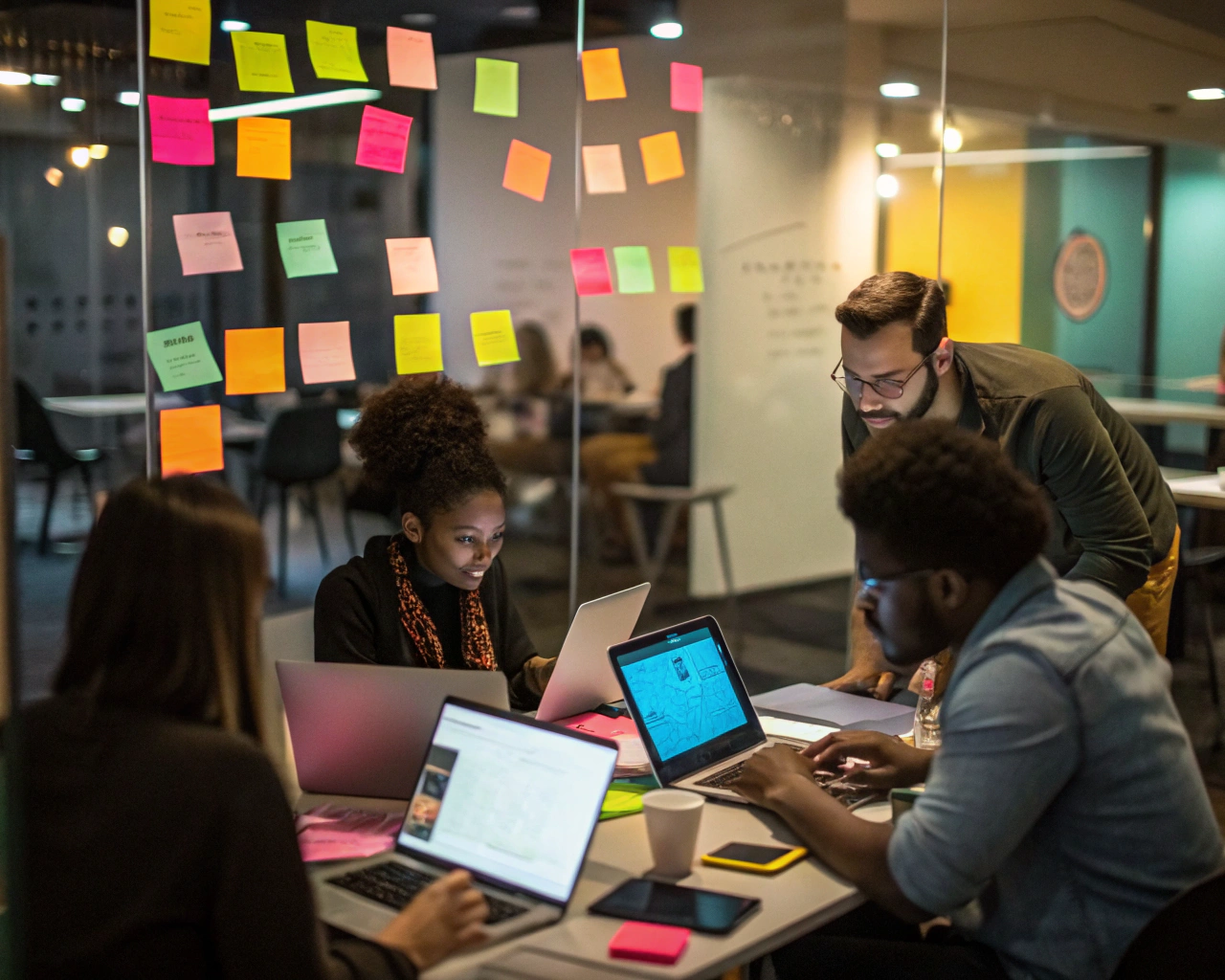 Varias personas diversas colaboran en un moderno espacio de oficina, usando laptops y dispositivos digitales rodeados de post-its y pantallas brillantes. Sus rostros transmiten inspiración y trabajo en equipo, mientras el primer plano resalta los materiales digitales, y el fondo permanece suavemente borroso.