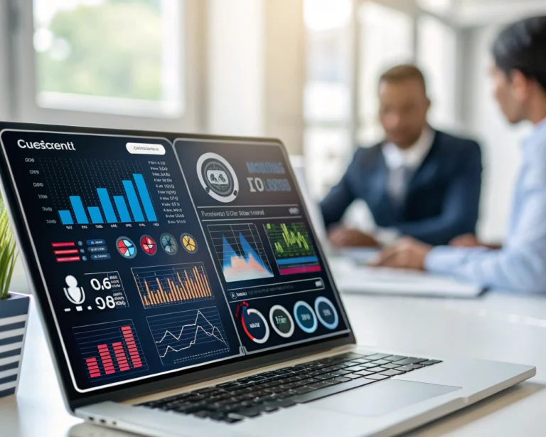 Interfaz digital de inteligencia artificial mostrando gráficos analíticos, análisis predictivo y íconos de chatbot, enfocada en alta definición sobre un fondo de oficina moderna difuminado. Los datos sobresalen con colores vivos y acentos luminosos, reflejando avance tecnológico.