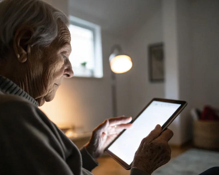 Primer plano de manos envejecidas sujetando una tablet digital iluminada; la luz de la pantalla resalta sus arrugas, en una habitación minimalista y suavemente desenfocada, transmitiendo concentración y aprendizaje.