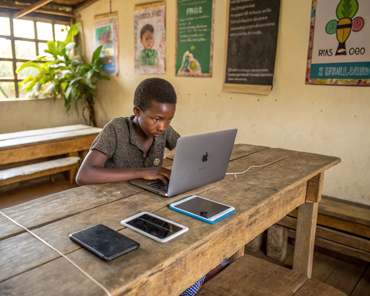 Joven genérico sentado en mesa de madera rústica, usando una laptop económica rodeado de tablets y smartphones reutilizados, dentro de un aula rural iluminada por luz natural con carteles coloridos sobre habilidades digitales en el fondo y una pequeña planta creciendo cerca, simbolizando el crecimiento personal.