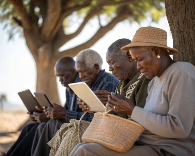 Personas mayores en una comunidad rural utilizan tabletas electrónicas bajo la sombra de árboles, con manos arrugadas tocando las pantallas y expresiones concentradas; un sombrero o bolsa de tejido visible al lado, fondo desenfocado y ambiente de luz natural.