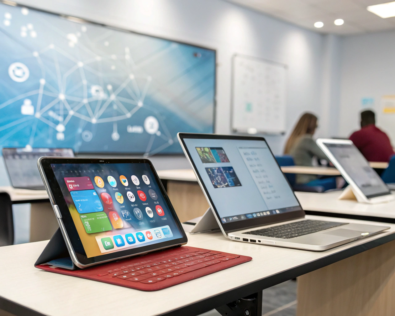 Array de tabletas, pizarras interactivas y portátiles en un aula moderna, con pantallas encendidas y un fondo desenfocado con motivos de red digital, representando conectividad e innovación educativa.