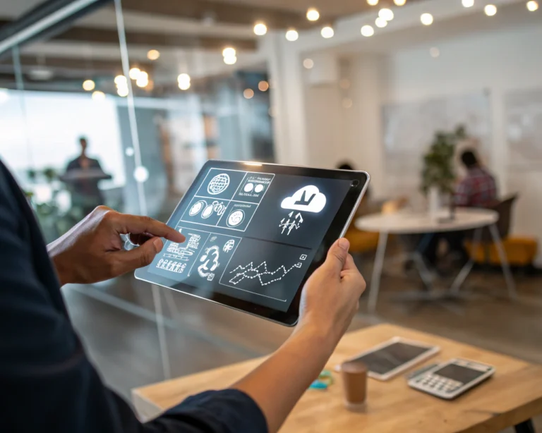 Manos de una persona sosteniendo una pantalla táctil transparente con iconos digitales de IA, nube y análisis, en un espacio de coworking minimalista de Panamá; el fondo está desenfocado y la interfaz digital es colorida y detallada.