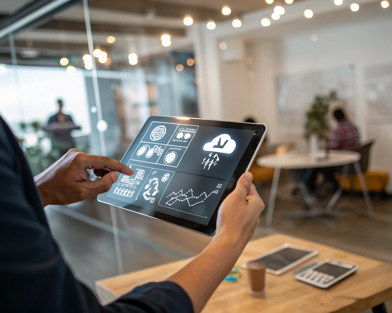 Manos de una persona sosteniendo una pantalla táctil transparente con iconos digitales de IA, nube y análisis, en un espacio de coworking minimalista de Panamá; el fondo está desenfocado y la interfaz digital es colorida y detallada.