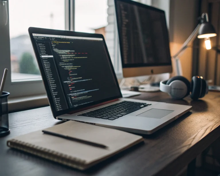 Espacio de trabajo moderno con un portátil abierto mostrando código en pantalla, auriculares y una libreta digital sobre un escritorio minimalista, iluminado por luz natural de una ventana. El enfoque está en el portátil y el fondo es difuso, evocando concentración y motivación.