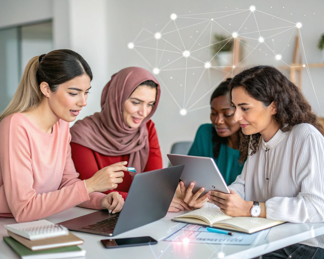 Grupo de mujeres diversas colaborando alrededor de una mesa digital con laptops y tablets en un moderno espacio de coworking. Todas muestran expresiones de concentración y entusiasmo, con una red luminosa conectando sus dispositivos y gestos, simbolizando la colaboración digital y el apoyo mutuo en la tecnología.