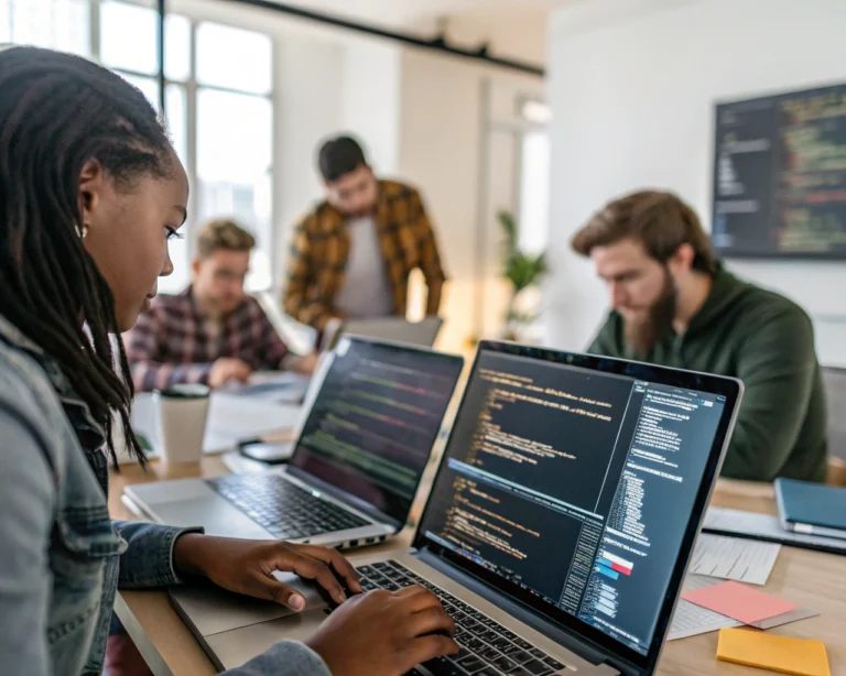 Varios desarrolladores web de orígenes diversos trabajan juntos alrededor de laptops y pantallas con código y diagramas, en un espacioso coworking moderno con luz natural, decorado de forma minimalista. Sus rostros reflejan colaboración y entusiasmo, destacan los detalles de pantallas brillantes, teclados y notas con código. Un logotipo de open source aparece en una de las pantallas.