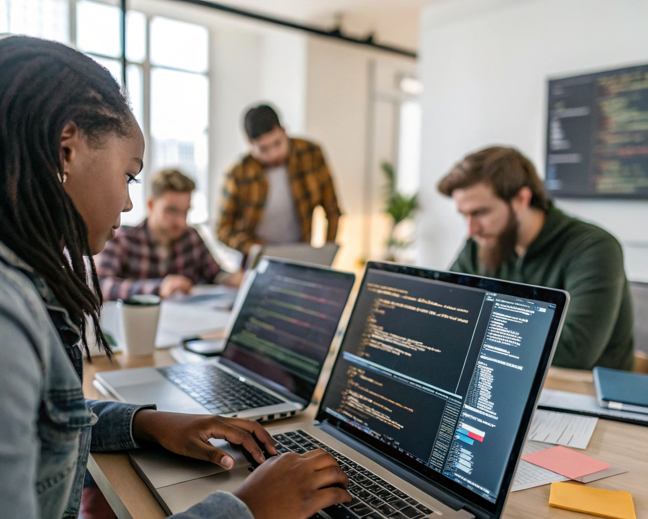 Varios desarrolladores web de orígenes diversos trabajan juntos alrededor de laptops y pantallas con código y diagramas, en un espacioso coworking moderno con luz natural, decorado de forma minimalista. Sus rostros reflejan colaboración y entusiasmo, destacan los detalles de pantallas brillantes, teclados y notas con código. Un logotipo de open source aparece en una de las pantallas.