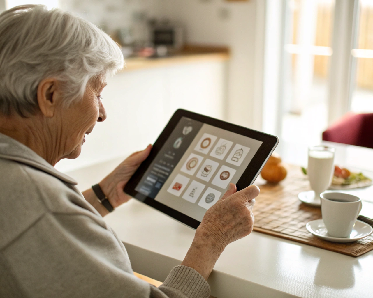 Persona mayor genérica usando una tableta con iconos grandes y botones claros, sentada en una mesa bajo luz natural, con el fondo del hogar desenfocado y mostrando sus manos explorando la pantalla con confianza.