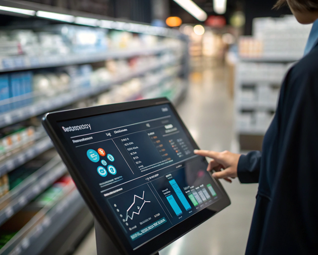 Primer plano de una pantalla táctil moderna que muestra un sistema inteligente de gestión de inventario con gráficos de datos, alertas y controles digitales. Unas manos interactúan con la interfaz, mientras estantes con productos desenfocados sugieren un ambiente de negocio minorista.
