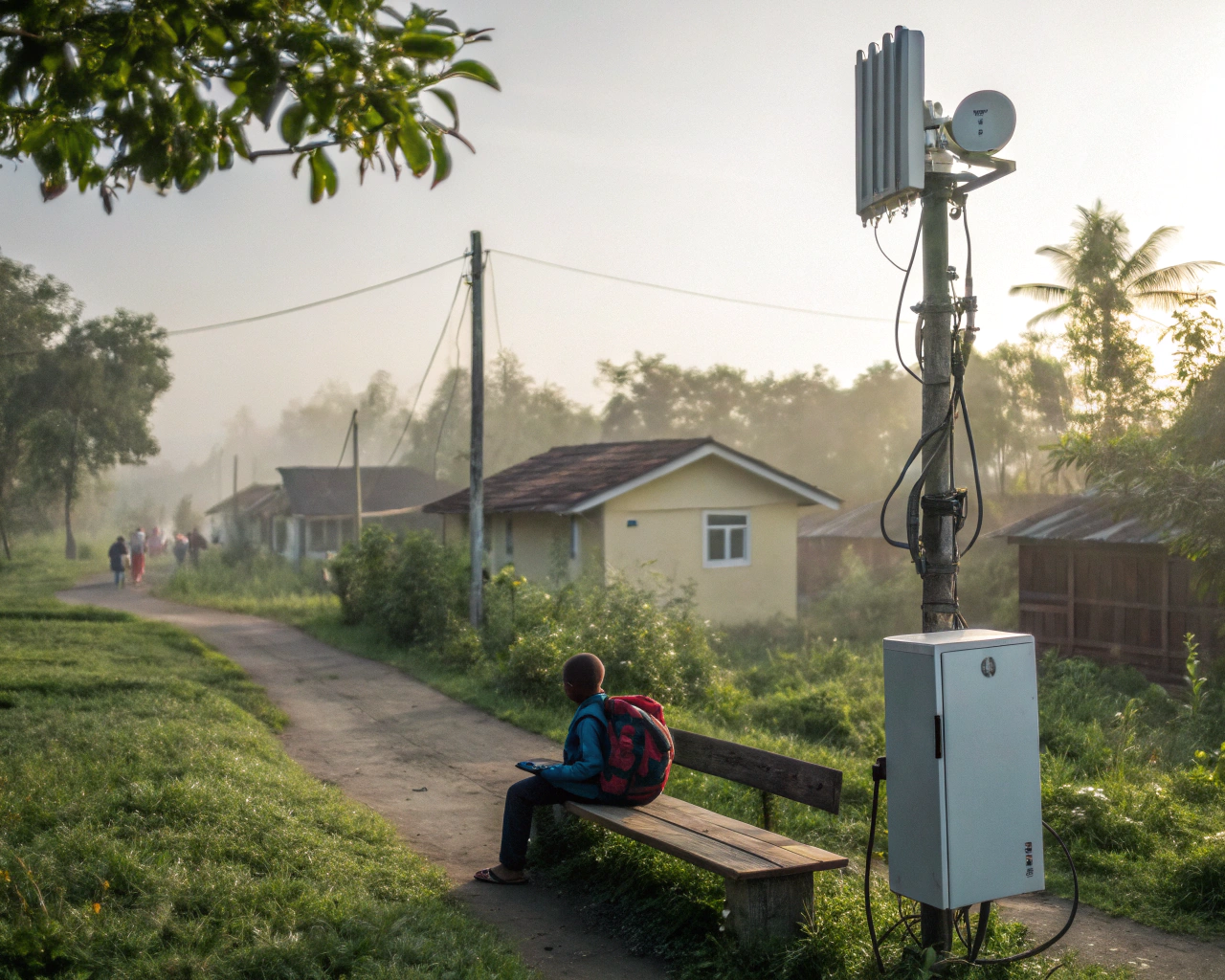 Antena wifi moderna montada en un edificio pequeño rodeado de vegetación y casas simples; primerísimo plano muestra cables y gotas de humedad sobre el equipo metálico, con un banco de madera y una mochila de niño al costado. Escena bañada por luz tenue de la mañana en entorno rural.
