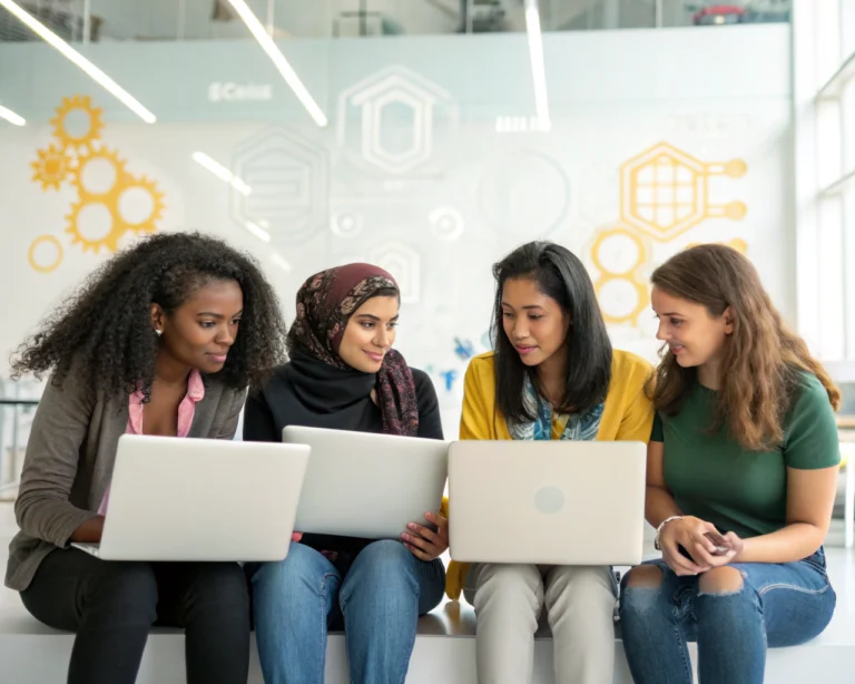 Grupo diverso de mujeres colaborando en un espacio de trabajo moderno, usando laptops y compartiendo ideas, con fondo tecnológico e iluminación colorida que simboliza innovación. Composición centrada y limpia, sin personas identificables.