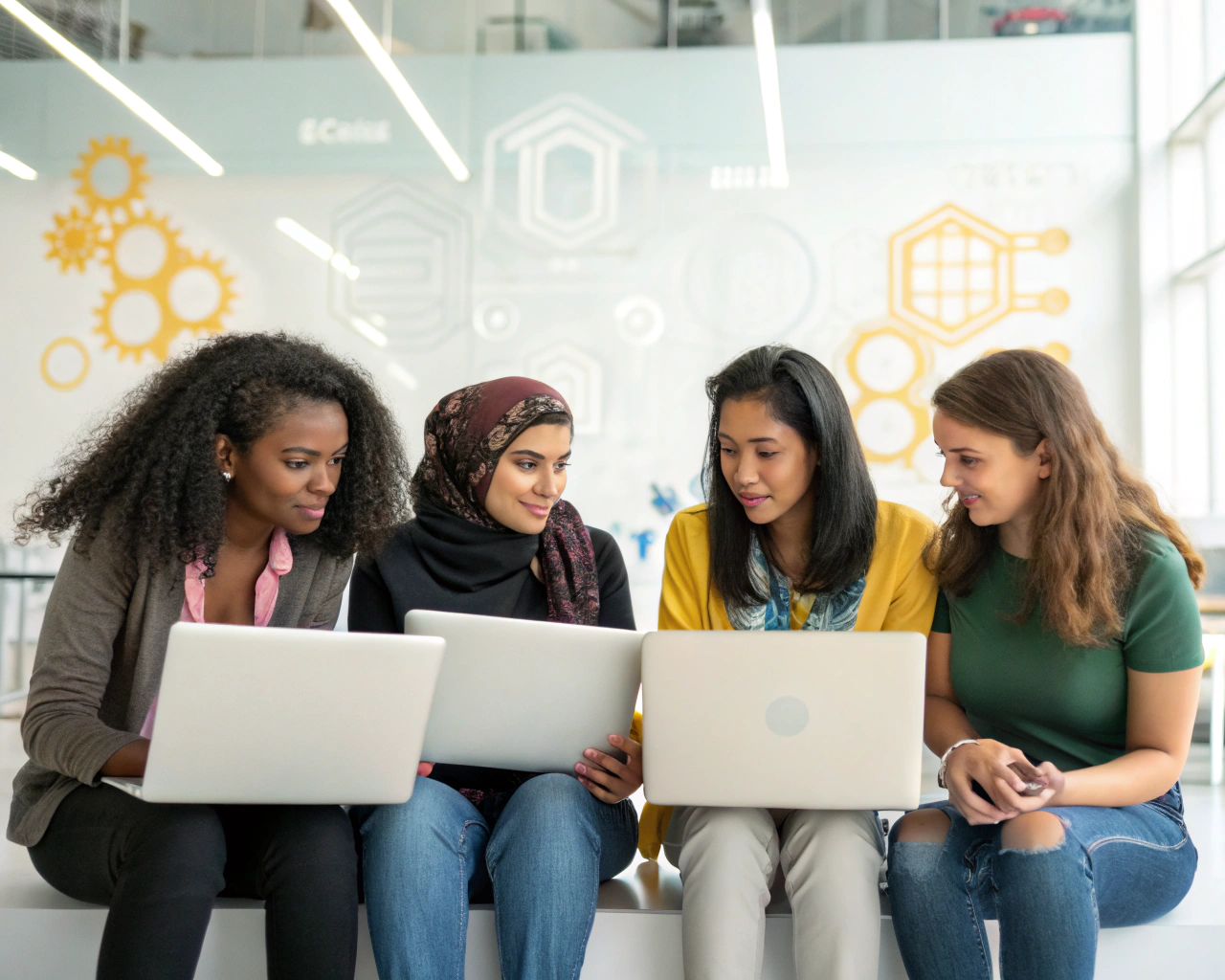 Grupo diverso de mujeres colaborando en un espacio de trabajo moderno, usando laptops y compartiendo ideas, con fondo tecnológico e iluminación colorida que simboliza innovación. Composición centrada y limpia, sin personas identificables.