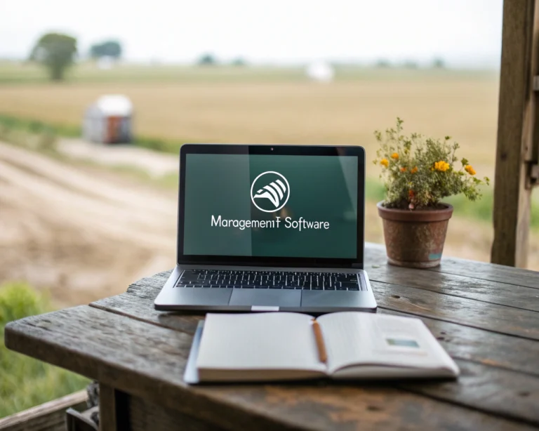 Portátil moderno con software de gestión y símbolo digital en la pantalla, sobre mesa rural de madera, acompañado de una libreta y una maceta. De fondo, un paisaje rural difuminado visto por una ventana; todo con luz natural diurna que resalta detalles del teclado y la pantalla.
