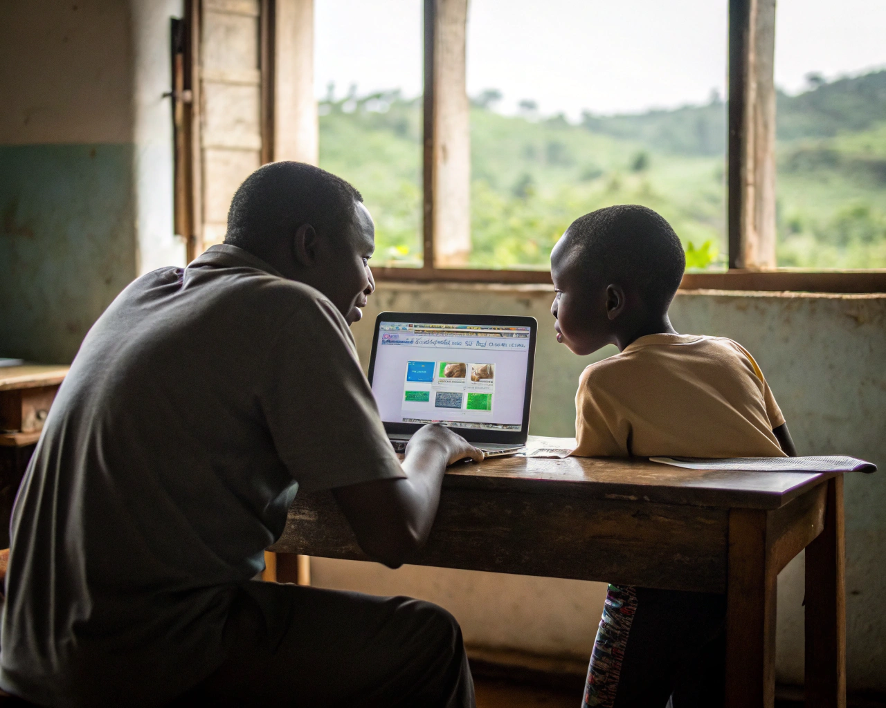Mentor y joven sentados juntos en una sala comunitaria rural, mirando la pantalla de una laptop con herramientas digitales y símbolos educativos, iluminados por la luz natural que entra por una ventana y con paisajes verdes de fondo. Se destaca la textura de la mesa de madera y el ambiente sencillo, reflejando un momento de orientación y aprendizaje.