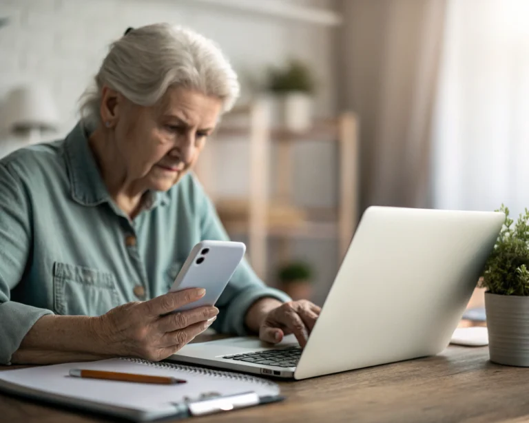 Adulto mayor sentado en un escritorio usando una laptop con concentración; en primer plano aparecen sus manos sobre el teclado, acompañadas de un smartphone, una libreta y una pequeña planta. El fondo desenfocado sugiere un hogar iluminado de manera suave.