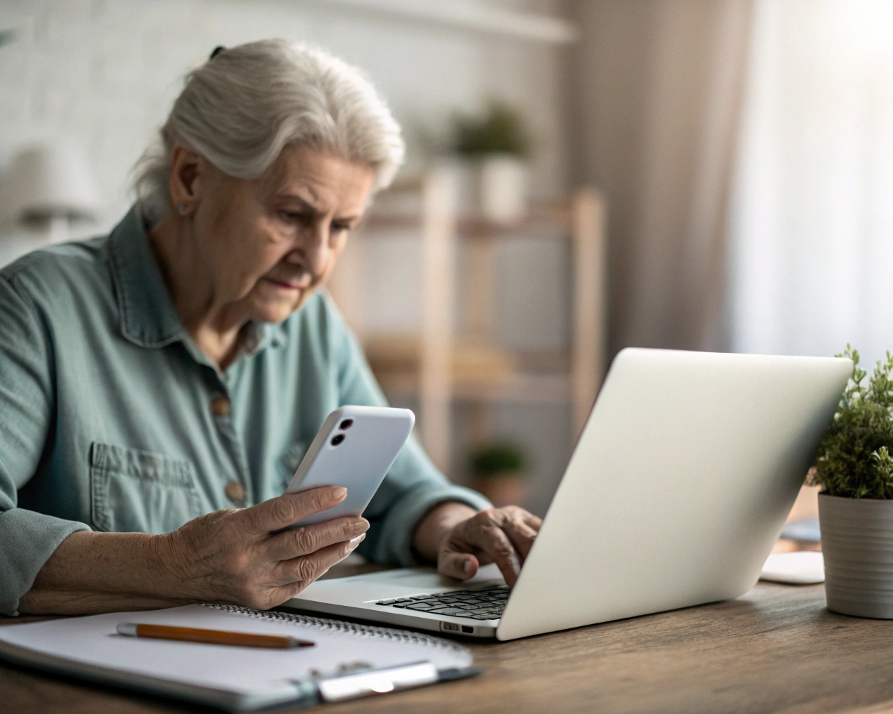 Adulto mayor sentado en un escritorio usando una laptop con concentración; en primer plano aparecen sus manos sobre el teclado, acompañadas de un smartphone, una libreta y una pequeña planta. El fondo desenfocado sugiere un hogar iluminado de manera suave.