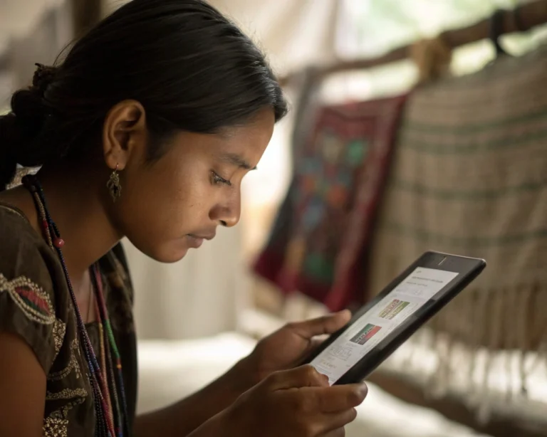 Joven mujer latina no indígena, en un primerísimo plano, sostiene con ambas manos una tableta digital mientras usa una aplicación educativa o de emprendimiento. El fondo borroso insinúa artesanías y tejidos tradicionales en una comunidad remota. La luz suave enfoca la pantalla y la expresión concentrada de la mujer, transmitiendo empoderamiento y conexión digital.
