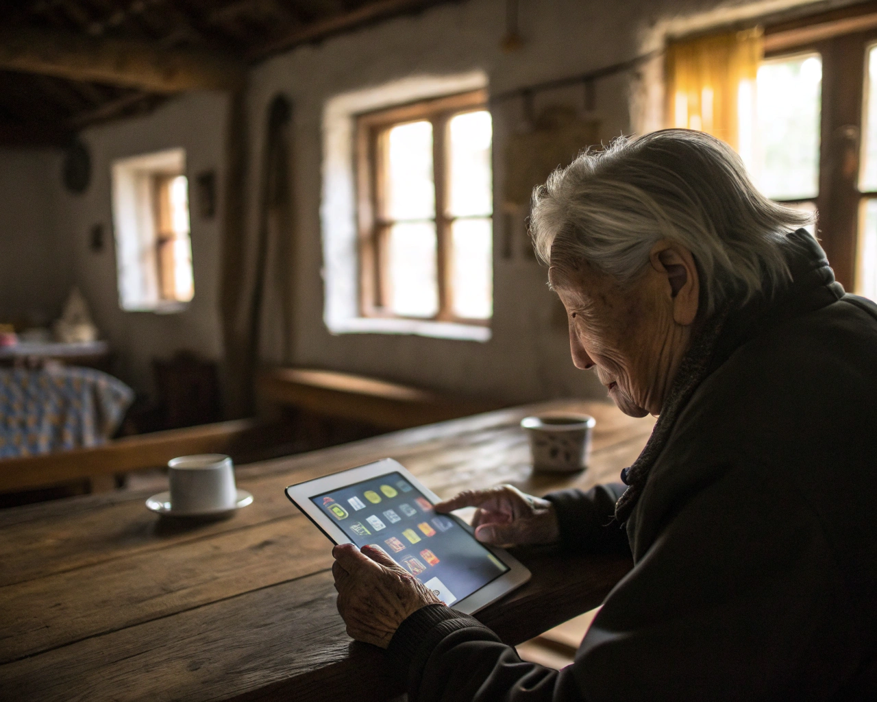 Persona mayor genérica sentada en una mesa de madera en una casa rural, interactuando con una tableta de pantalla grande. Sus manos envejecidas tocan el dispositivo mientras la luz suave de la ventana resalta la escena. El fondo muestra muebles simples y ventanas rústicas desenfocadas.