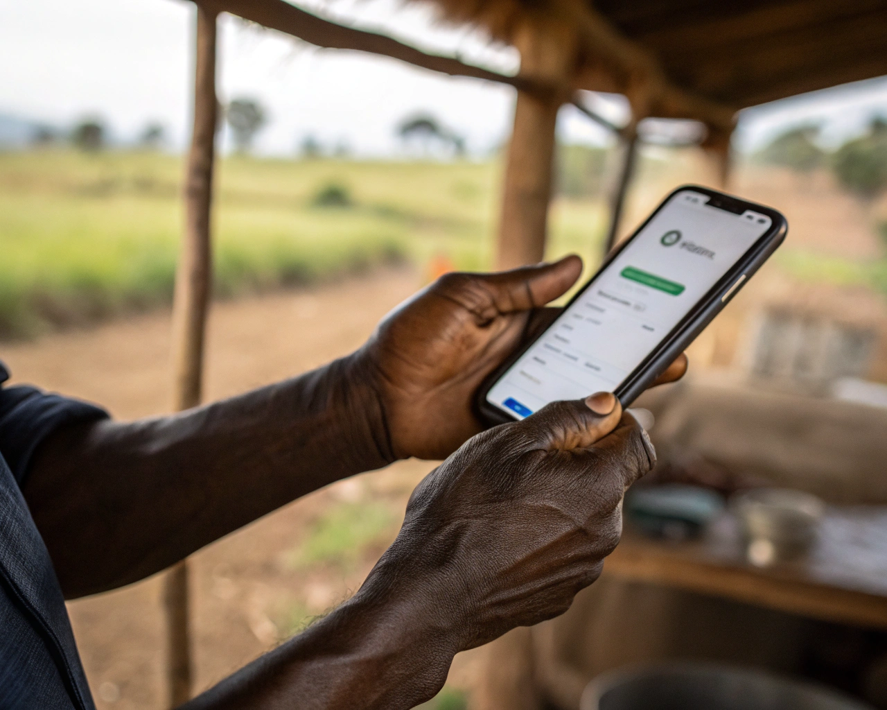 Manos fuertes y envejecidas de un trabajador rural sostienen un teléfono inteligente moderno que muestra una aplicación de negocios, con un fondo rústico de granja o tienda desenfocado y luz natural resaltando los detalles de las manos y el dispositivo.