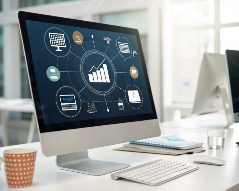 Interfaz de software de gestión empresarial moderno en monitor sobre escritorio limpio, con iconos de inventario, ventas, análisis y comunicación alrededor, resaltando detalles nítidos y fondo desenfocado.