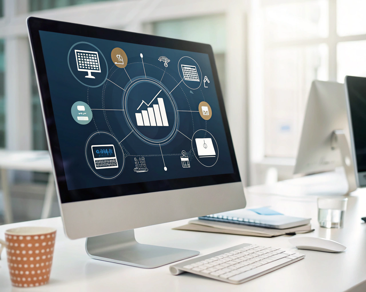 Interfaz de software de gestión empresarial moderno en monitor sobre escritorio limpio, con iconos de inventario, ventas, análisis y comunicación alrededor, resaltando detalles nítidos y fondo desenfocado.