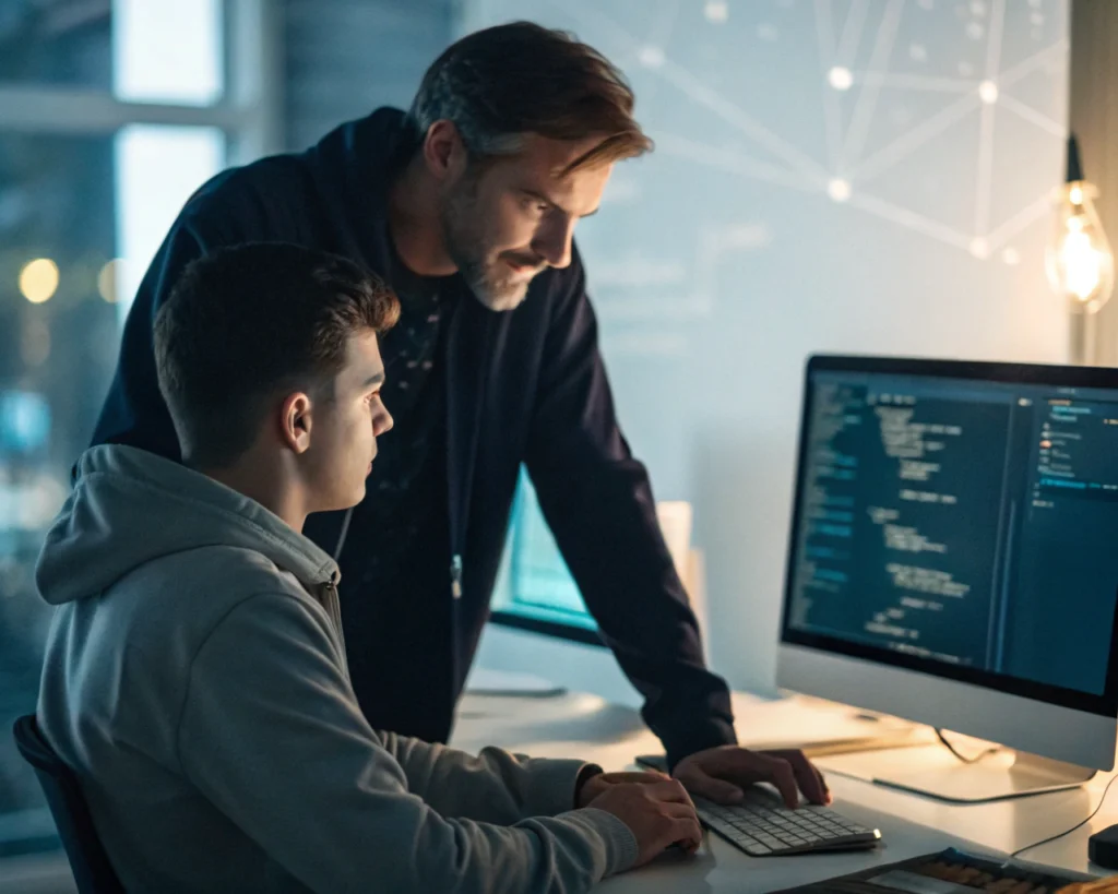 Mentor genérico orientando a un joven emprendedor en un espacio de trabajo digital moderno, con pantallas iluminadas de fondo, trabajando juntos sobre dispositivos y notas.