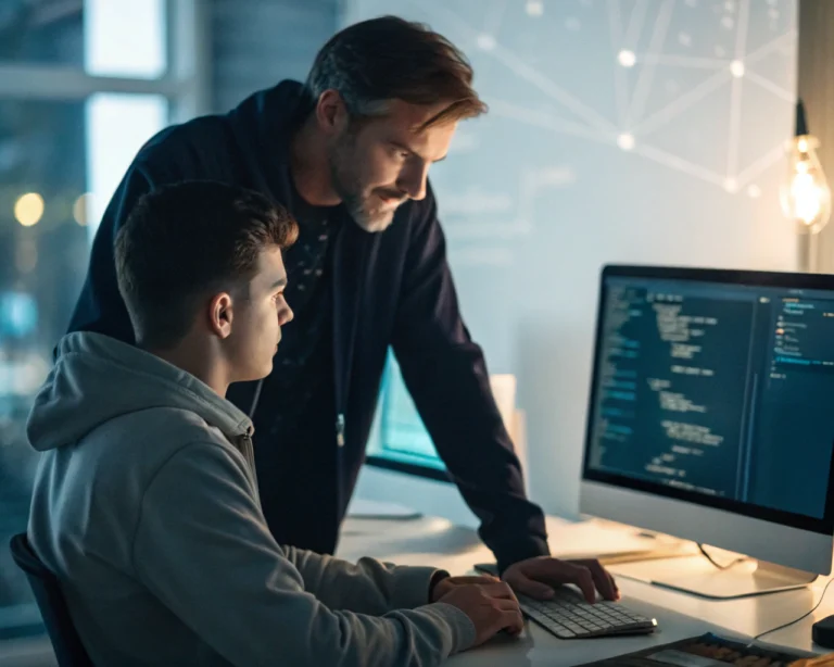 Mentor genérico orientando a un joven emprendedor en un espacio de trabajo digital moderno, con pantallas iluminadas de fondo, trabajando juntos sobre dispositivos y notas.