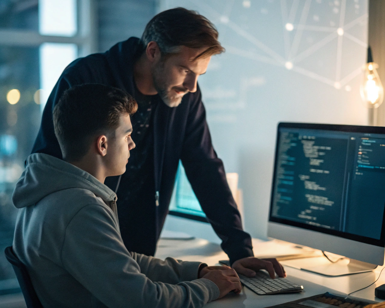 Mentor genérico orientando a un joven emprendedor en un espacio de trabajo digital moderno, con pantallas iluminadas de fondo, trabajando juntos sobre dispositivos y notas.
