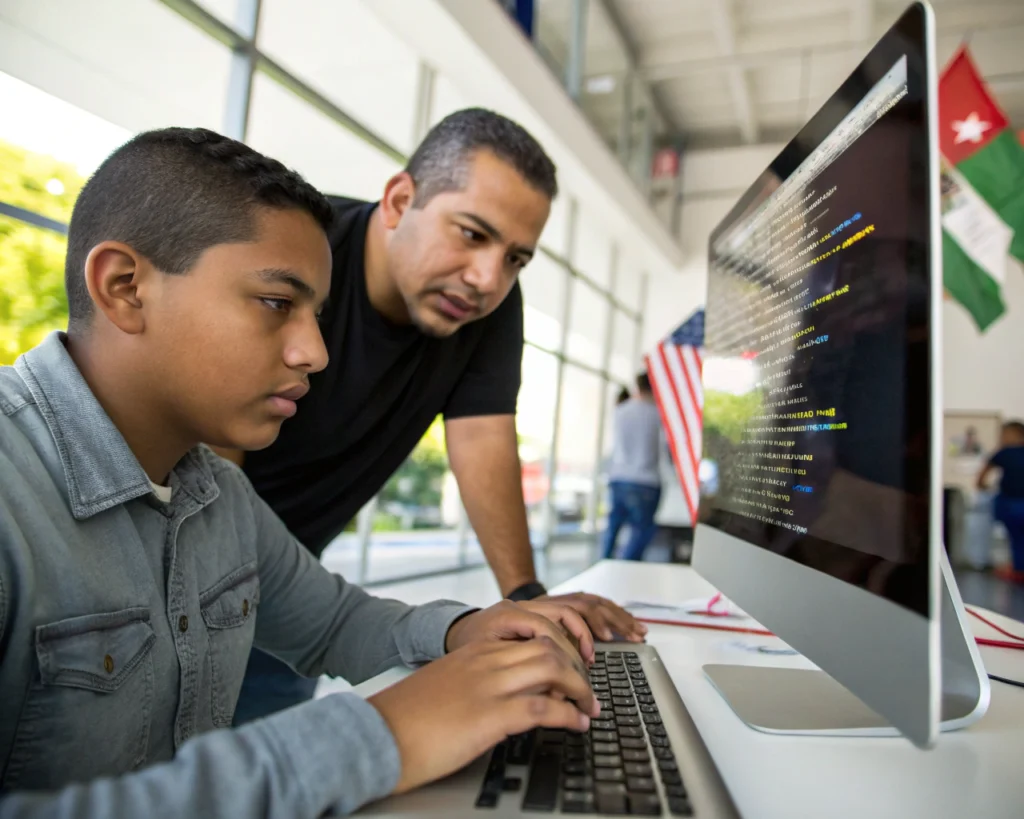 Primer plano de un joven aprendiz y su mentor trabajando juntos frente a una computadora con código de inteligencia artificial, en un espacio moderno con detalles culturales latinoamericanos y luz natural, con énfasis en sus expresiones y manos sobre el teclado.