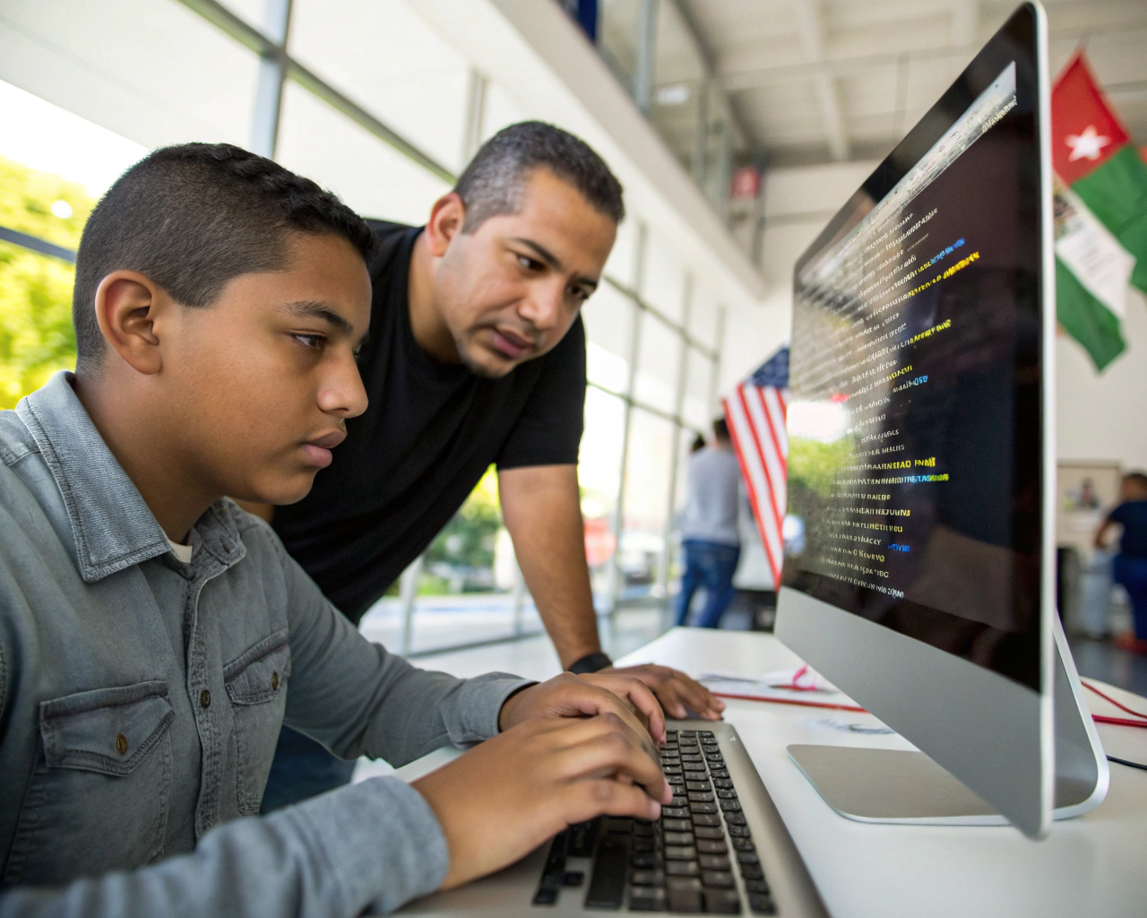 Primer plano de un joven aprendiz y su mentor trabajando juntos frente a una computadora con código de inteligencia artificial, en un espacio moderno con detalles culturales latinoamericanos y luz natural, con énfasis en sus expresiones y manos sobre el teclado.