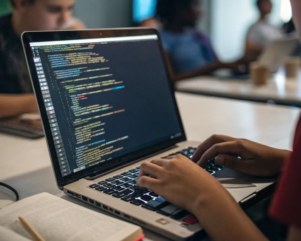 Primer plano de manos anónimas escribiendo código en una computadora dentro de una aula moderna, con la pantalla brillando, un teclado texturizado y un libro abierto al costado. El fondo borroso muestra a otras personas colaborando, creando una atmósfera de aprendizaje y empoderamiento.