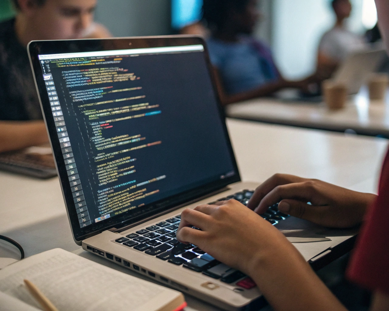 Primer plano de manos anónimas escribiendo código en una computadora dentro de una aula moderna, con la pantalla brillando, un teclado texturizado y un libro abierto al costado. El fondo borroso muestra a otras personas colaborando, creando una atmósfera de aprendizaje y empoderamiento.