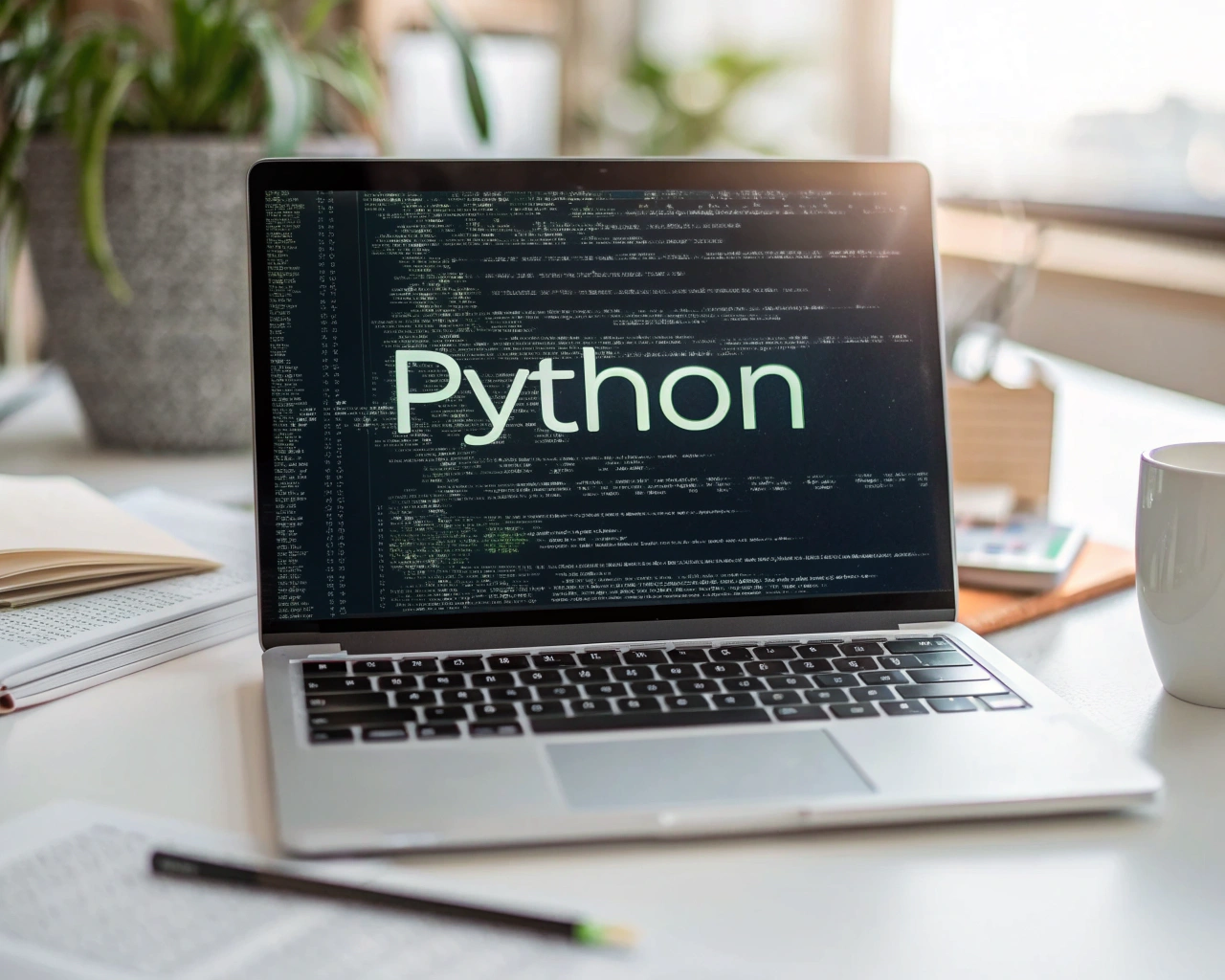 Portátil con código Python y librerías de inteligencia artificial en la pantalla, sobre un escritorio minimalista en un entorno hogareño desenfocado. El teclado y la pantalla están bien iluminados, y se observa un gráfico abstracto de red neuronal superpuesto en un lado, simbolizando el aprendizaje automático.