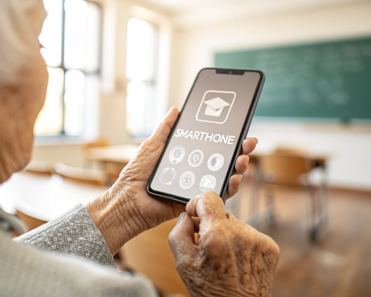 Manos de una persona mayor sosteniendo un smartphone, con la pantalla encendida mostrando aplicaciones de fácil lectura; al fondo se difuminan escritorios y un pizarrón en un aula, sugiriendo un ambiente de aprendizaje.