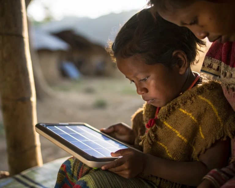 Niño de una comunidad indígena, vestido con ropa tradicional, sostiene una tableta solar con contenido educativo iluminado en sus manos; el fondo de la aldea natural está desenfocado, y la imagen transmite curiosidad y esperanza.