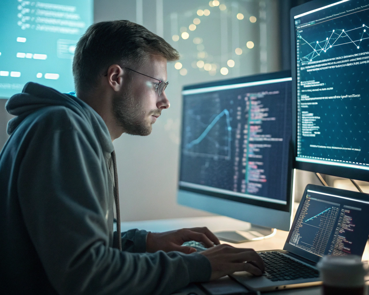 Científico de datos genérico enfocado en su computadora en una oficina moderna, rodeado de pantallas con visualizaciones de datos, código Python y gráficos de machine learning, con fondo desenfocado y una libreta de portafolio sobre el escritorio.