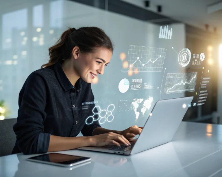 Joven mujer segura de sí, sentada en un escritorio moderno frente a una laptop abierta, rodeada de proyecciones digitales como gráficos y chats que simbolizan mentoría y crecimiento profesional. Fondo borroso de oficina luminosa y contemporánea, con detalles de luz difusa y un pequeño diagrama de red brillando en una esquina.